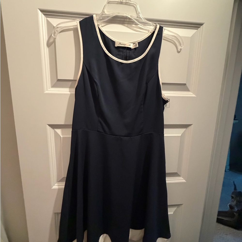 Navy Sleeveless A-Line Dress with White Trim